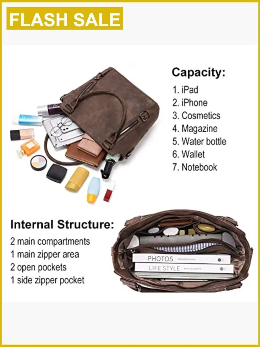 Large Hobo Bag with Multiple Pockets, Water Repellent Vegan Leather Shoulder Bag
